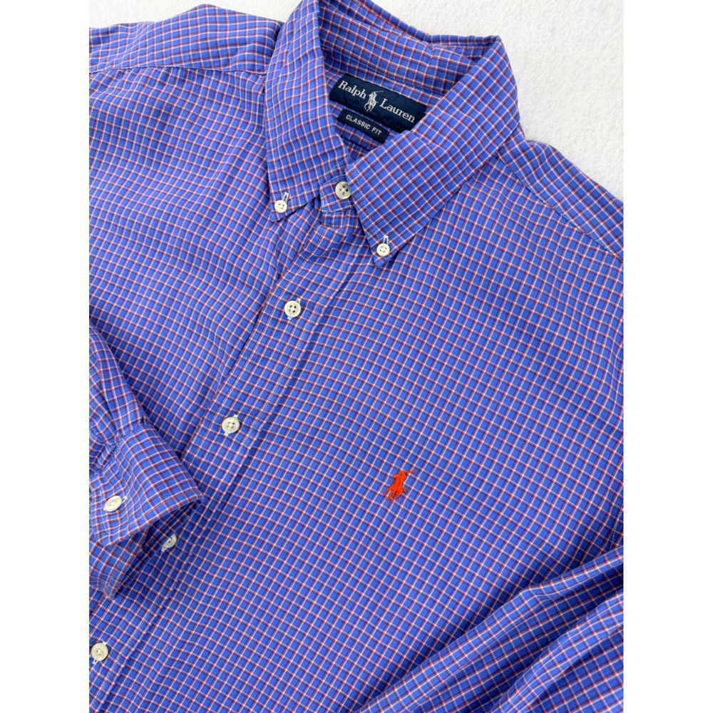 Ralph Lauren Classic Fit Men's L Blue Orange Plaid Long Sleeve Button Down Shirt